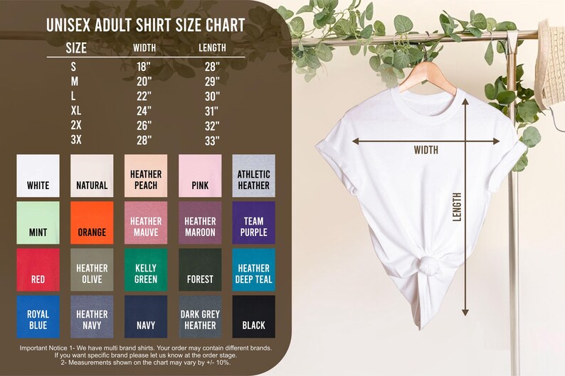 May include: White t-shirt hanging on a wooden hanger, with a size chart for unisex adult shirts. The chart shows measurements in inches for sizes S to 3X, and a color palette including white, natural, and various heather shades.
