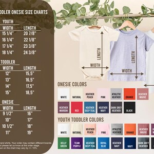 May include: Size chart for unisex youth and toddler onesies. The chart shows the width and length measurements for different sizes, including S, M, L, XL, 2T, 3T, 4T, 5T, 3-6M, 6-12M, 12-18M, and 18-24M. The chart also includes a colour chart for onesies and youth toddler shirts.
