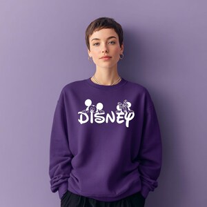 Pu&ograve; includere: Una felpa viola con la scritta bianca "DISNEY", con grafiche di Topolino e Minnie. La felpa &egrave; a tinta unita e ha uno scollo tondo.