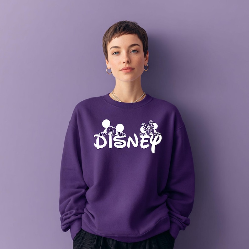 Pu&ograve; includere: Una felpa viola con la scritta bianca "DISNEY", con grafiche di Topolino e Minnie. La felpa &egrave; a tinta unita e ha uno scollo tondo.