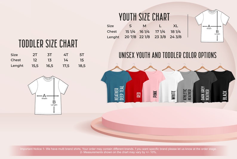 May include: Size chart for toddler and youth t-shirts. The chart shows chest and length measurements in inches for sizes 2T, 3T, 4T, 5T, S, M, L, and XL. The chart also shows color options for the t-shirts, including Heather Deep Teal, Red, Pink, White, Athletic Heather, Dark Grey Heather, and Black.