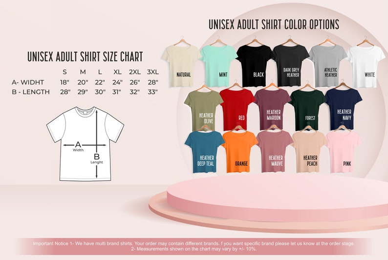 May include: Unisex adult t-shirt size chart with measurements in inches.  The chart shows the width and length of the shirt in sizes S, M, L, XL, 2XL, and 3XL.  Below the chart is a display of 15 different t-shirt colors, including natural, mint, black, dark grey, athletic heather, white, heather olive, red, heather maroon, forest, heather navy, heather deep teal, orange, heather mauve, heather peach, and pink.