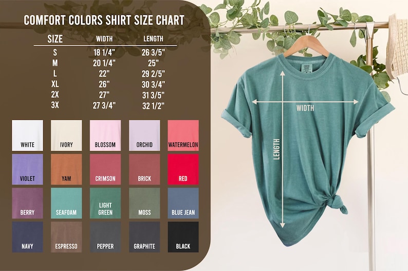 May include: A teal Comfort Colors t-shirt hanging on a wooden hanger, with a size chart and color swatches to the left. The size chart shows measurements in inches for width and length. Colors include white, ivory, and black.