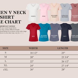 May include: A size chart for women's V-neck shirts, with measurements in inches. The chart includes sizes S to 2XL, with corresponding widths and lengths. Various shirt colors are displayed, including white, pink, and red.
