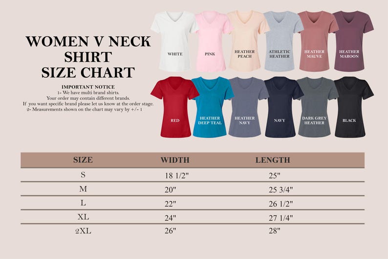 May include: A size chart for women's V-neck shirts, with measurements in inches. The chart includes sizes S to 2XL, with corresponding widths and lengths. Various shirt colors are displayed, including white, pink, and red.
