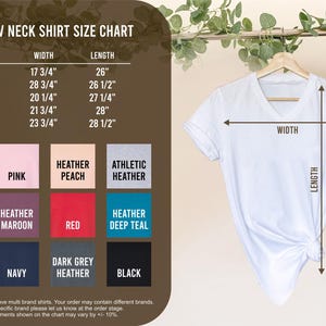 May include: A white V-neck shirt displayed with a size chart. The chart details sizes S to 2X, with measurements in inches for width and length. Color swatches include white, pink, and various heather shades. The chart also includes the text "WOMEN V NECK SHIRT SIZE CHART".