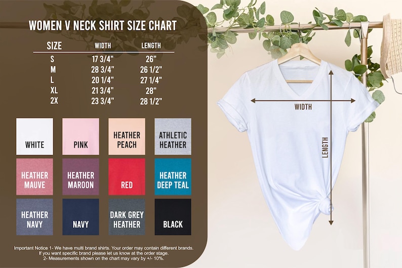 May include: A white V-neck shirt displayed with a size chart. The chart details sizes S to 2X, with measurements in inches for width and length. Color swatches include white, pink, and various heather shades. The chart also includes the text "WOMEN V NECK SHIRT SIZE CHART".