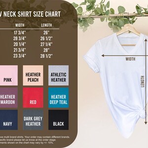 May include: A white V-neck shirt displayed with a size chart. The chart details sizes S to 2X, with measurements in inches for width and length. Color swatches include white, pink, and various heather shades. The chart also includes the text "WOMEN V NECK SHIRT SIZE CHART".