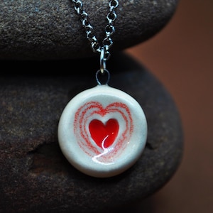 Ceramic Pendant Necklace with a Red Heart – Unique Romantic Handmade Jewelry, Perfect Gift for Her
