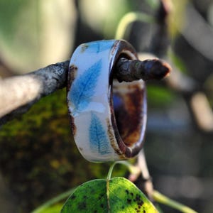 Handmade Ceramic Ring – Leaf Print, Blue & Brown Glaze