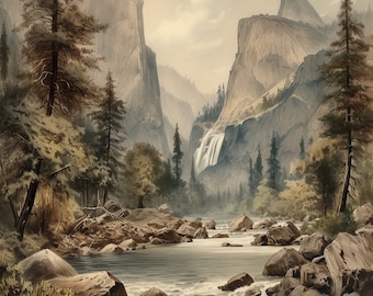Yosemite Vintage Art | Printable Vintage Painting | Digital Art Download | 1/4
