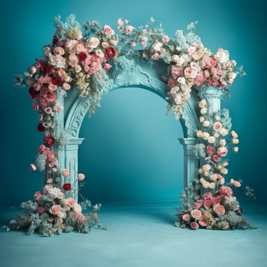 Floral Archway Blue Backdrop, Floral Digital Backdrop Overlay