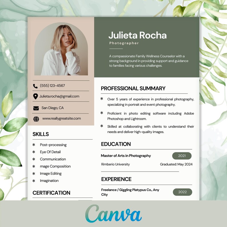 Modern Canva Resume Template – Cover Letter & References (digital ...