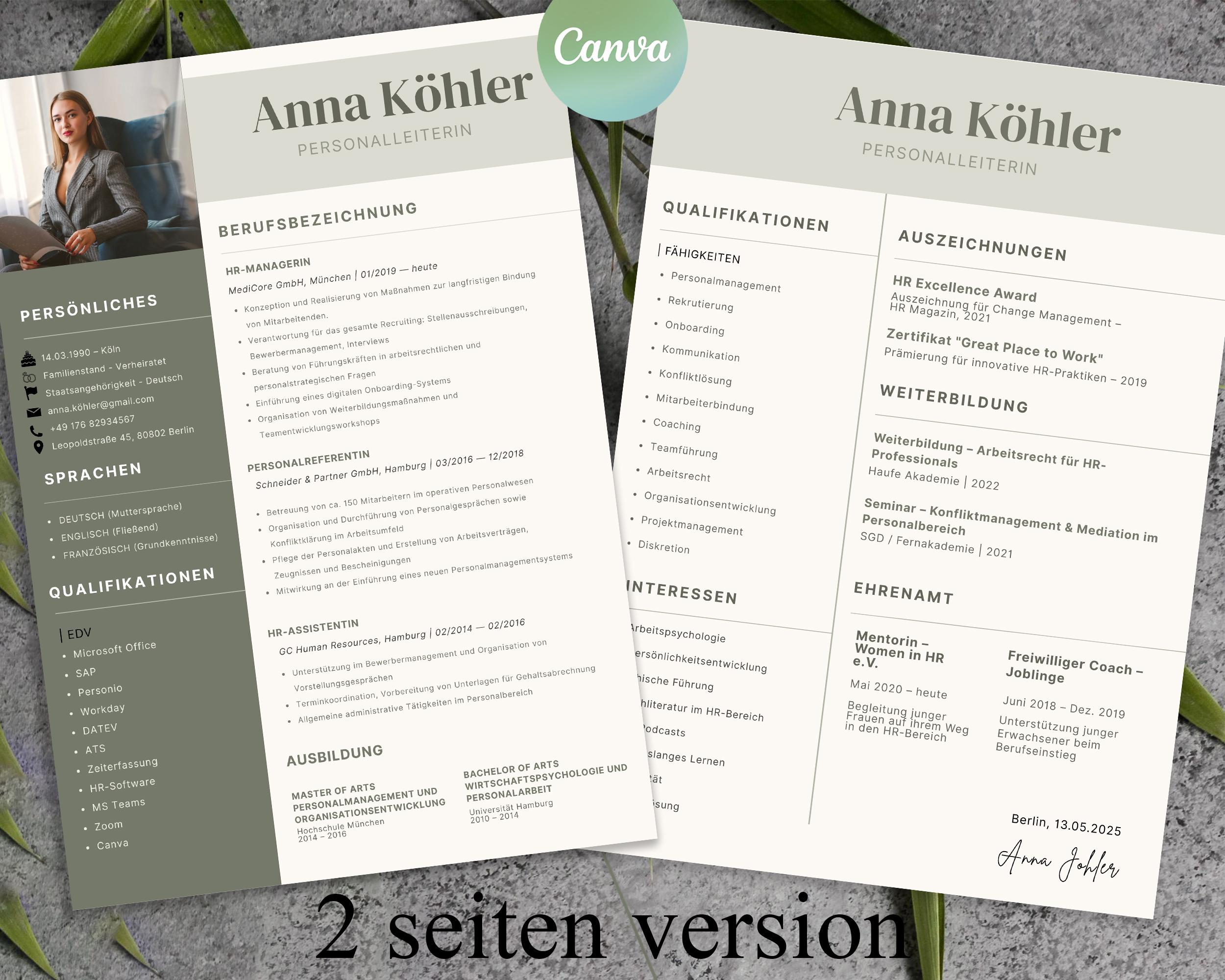 German Resume Template (modern Style) – Editable in Canva | A4 CV ...