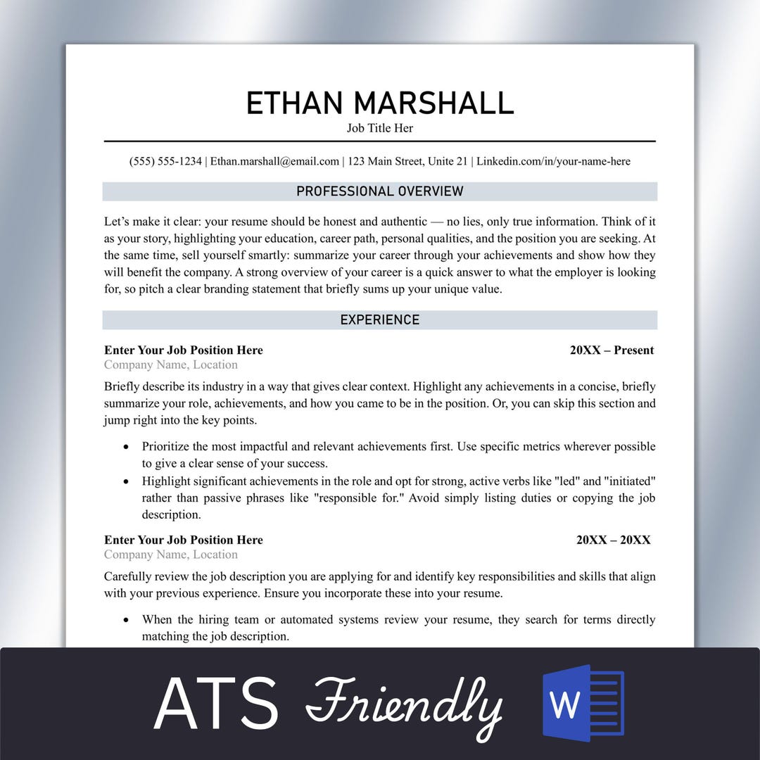 ATS Resume Template, Cover Letter, References (for Word) (digital ...