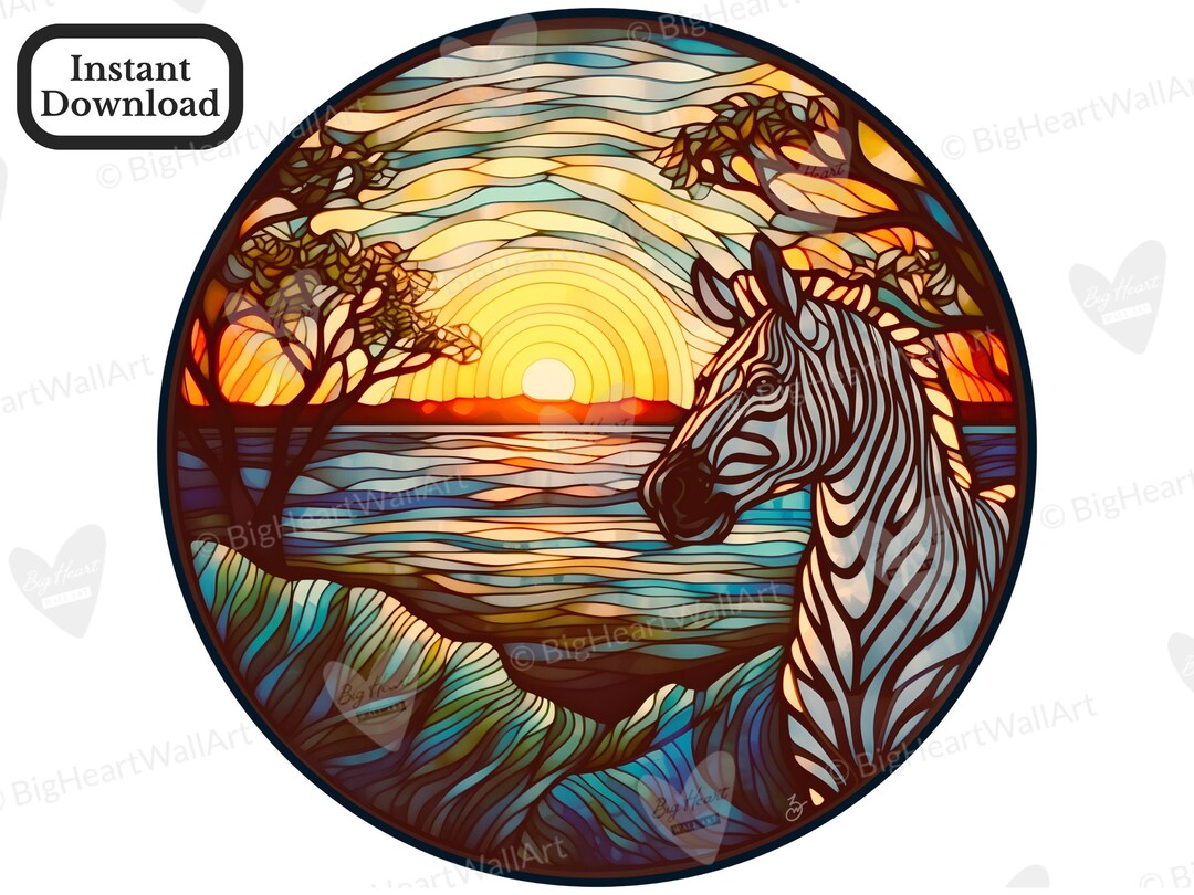 Stained Glass Zebra Printable Wall Art Zebra Sunset Digital Etsy