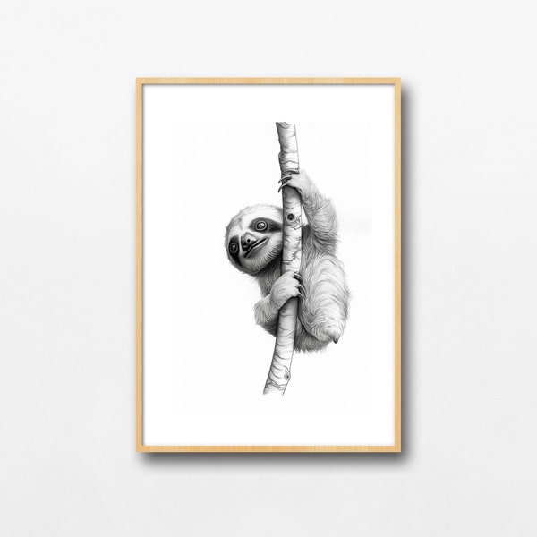 Minimalist Art | Nature Sketch | Baby Sloth Sketch | Nature Art | Black and White Prints | B+W Art | Digital Art | PRINTABLE Digital | 003