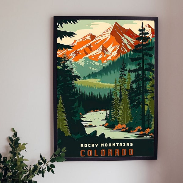 Poster di viaggio in stile vintage Colorado / Download digitale / Poster di viaggio retrò / Arte della parete delle Montagne Rocciose / Regalo per camper / Arte dei boschi forestali