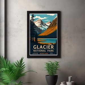 Glacier National Park, Vintage Style Travel Poster, Digital Download, Retro Travel Poster, Gift for Traveler, Camper, Forest Wood River