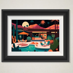 Poolside in Palm Springs Night, mid-century modern, retro poster, california lifestyle, original digital art, boho wall, digital download