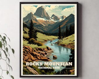 May include: A vintage-style poster featuring a scenic view of Rocky Mountain National Park. The poster depicts a river winding through a valley with mountains in the background. The text "Rocky Mountain National Park" is displayed at the bottom of the poster.