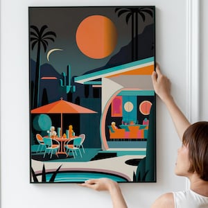 Poolside In Palm Springs, mid-century modern, retro poster, california lifestyle, original digital art, boho wall, digital download