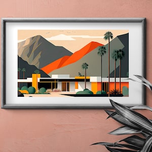 Palm Springs Hillside Home, mid-century modern, retro poster, California lifestyle, original digital art, boho wall, digital download, Art