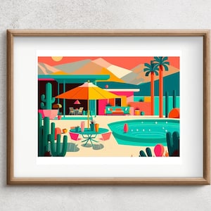 Poolside In Palm Springs, mid-century modern, retro poster, california lifestyle, original digital art, boho wall, digital download