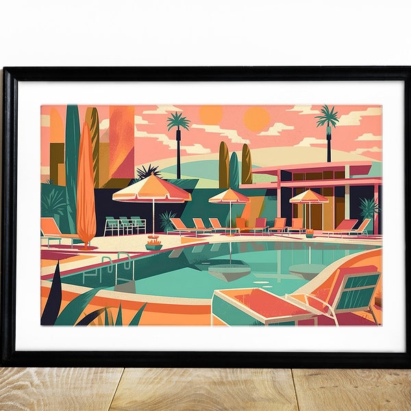 Palm Springs Poolside | Midcentury architecture | retro poster, Eames | California lifestyle | Original digital art, | boho wall | Hotel art