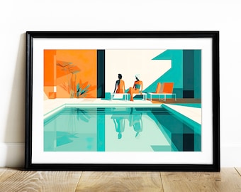 Wydruk artystyczny z basenem w Palm Springs: Kalifornia w stylu mid-century modern (pobranie cyfrowe)