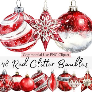 May include: Watercolor illustration of red glitter Christmas baubles and star ornaments. The image includes various designs, such as striped and snow-covered baubles, and a star-shaped ornament. Text reads "48 Red Glitter Baubles."