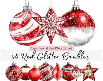 Red Glitter Christmas Baubles Clipart, Gold Silver Ornaments PNG, Watercolor Vintage Tree Decorations for Scrapbooking, Cards, Invitations