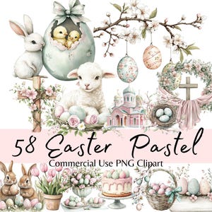 May include: A set of 58 Easter-themed digital clipart images in pastel colours. The clipart includes bunnies, chicks, eggs, crosses, flowers, baskets, and more.  The images are perfect for creating Easter cards, invitations, scrapbook pages, and other crafts.