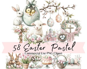 Pode incluir: Um conjunto de 58 imagens de clipart digital com tema de Páscoa em cores pastel. O clipart inclui coelhos, pintinhos, ovos, cruzes, flores, cestas e muito mais. As imagens são perfeitas para criar cartões de Páscoa, convites, páginas de scrapbook e outras manualidades.
