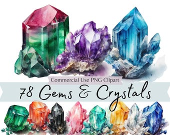 May include: Watercolor painting of 78 different gems and crystals in various colors, including green, purple, blue, red, orange, and pink. The crystals are arranged in a cluster and are set against a white background. The text "Commercial Use PNG Clipart" and "78 Gems & Crystals" are visible in the image.