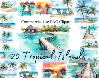 Tropical Beach Landscapes, Beach, Sand and Palm Trees Clipart, Watercolor Summer Holidays Clipart, Card making, Beautiful Beach Scenery
