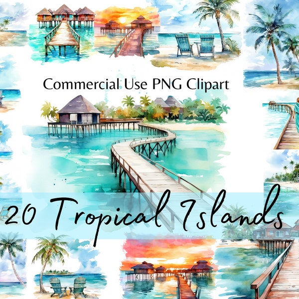 Tropische Strandlandschaften, Strand, Sand und Palmen Clipart, Aquarell Sommerferien Clipart, Kartenherstellung, Schöne Strandlandschaft