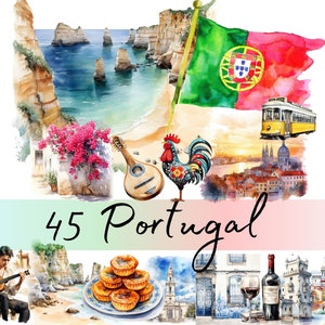 Pacote de aquarela de clipart de Portugal, gráficos PNG de viagens de férias para uso comercial, Lisboa, Algarve, Lagos para planejadores, scrapbooking