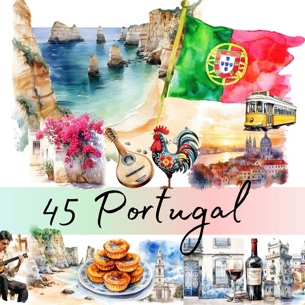 Portugal Clipart Watercolor Bundle, Travel Vacation PNG Graphics for Commercial Use, Lisbon, Algarve, Lagos for planners, scrapbooking