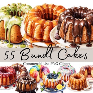 Aquarel Bundt Cake Clipart Bundel, Bakkerij Dessert PNG Graphics voor commercieel gebruik, Bak Verkoop Illustraties, Instant Digitale Download