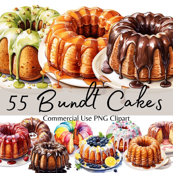 Watercolor Bundt Cake Clipart Bundle, Bakery Dessert PNG Graphics for Commercial Use,  Bake Sale Illustrations, Instant Digital Download