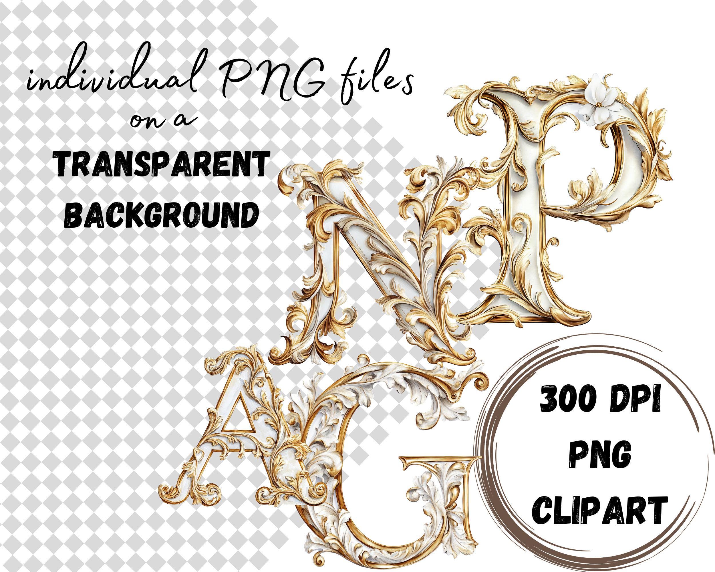 Baroque Gilded Golden Ivory Watercolor Letters Clipart, Elegant Vintage ...