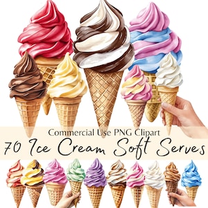 Aquarell Softeis Clipart Bundle, süße Sommer-Leckerlis PNG, Eis Waffel Illustrationen für kommerzielle Nutzung, Planer