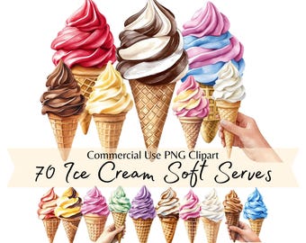 Watercolor Soft Serve Ice Cream Clipart Bundle, Sweet Summer Treats PNG, Ice Cream Cone Waffles Illustrations for Commercial Use, Planners