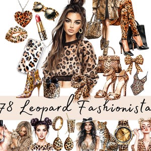 Clipart mode imprimé léopard, aquarelle Fashionista Chic Girl PNG, agenda et papeterie mode graphiques, Fashion Girl Clip Art ensemble