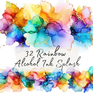 May include: A vibrant digital art piece featuring a rainbow of colors in an abstract floral design. The image includes the text "32 Rainbow Alcohol Ink Splash" in a cursive font, with gold accents.