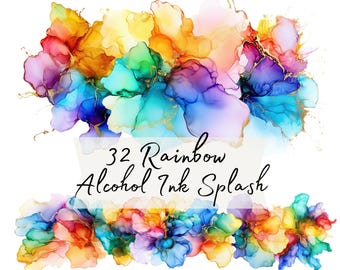 Rainbow Alcohol Ink Splash Clipart PNG, Colorful Ink Drops, Abstract Fluid Art Elements, Paint Splashes Bundle