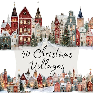 Julby Clipart, nordiska vinterröda hus PNG, akvarell julstadsscen för klistermärken, scrapbooking och hantverk
