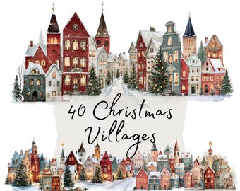Christmas Village Clipart, Nordic Winter Red Houses PNG, Watercolor Holiday Town Scene for Stickers, Scrapbooking & Crafts