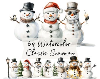 Classic Watercolor Snowman Clipart, Vintage Christmas PNGs, Frosty Winter Illustrations for Planners, Journals, Invitations, Crafts